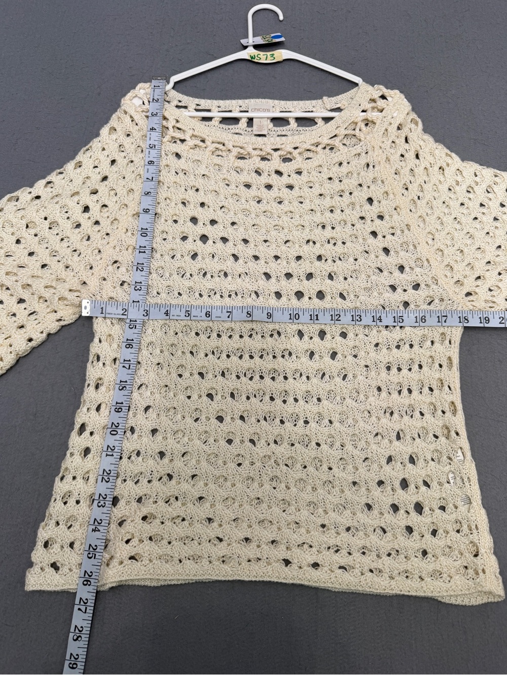 Women’s Chico’s Size 1 Ivory Cream Open Knit Crochet 3/4 Sleeve Sweater Top - Picture 3 of 4